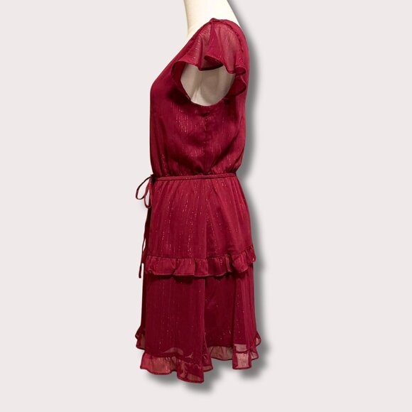 By & By Burgundy Shimmer Flutter Sleeve Holiday Party Dress – Size S | Romantic - Picture 2 of 6